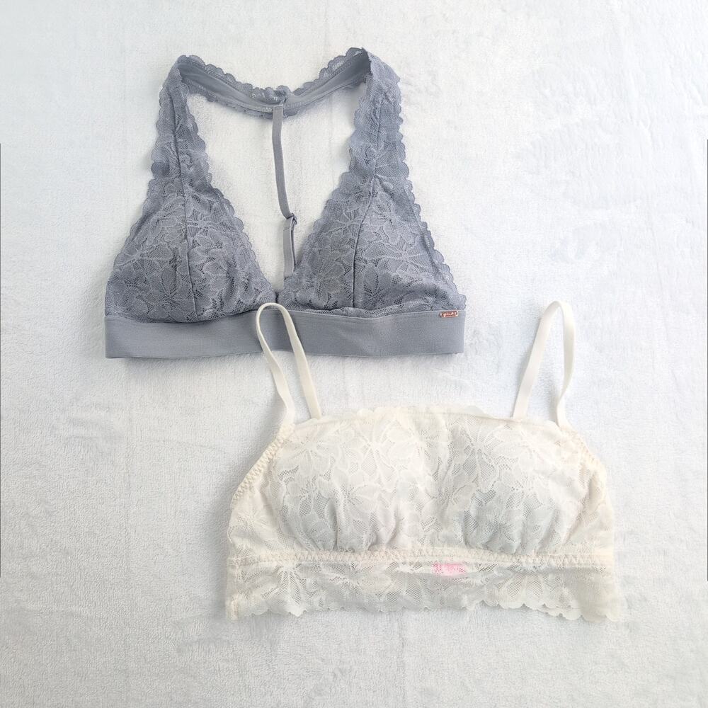 Victoria's Secret PINK (2) Lace Bralettes Removable Cups Women's Med Gray/Ivory